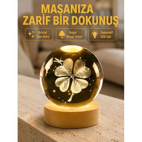 Bitki Temalı Led Işıklı Cam Küre Ahşap Standlı Modern Gece Lambası