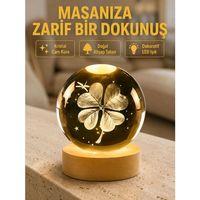 Bitki Temalı Led Işıklı Cam Küre Ahşap Standlı Modern Gece Lambası