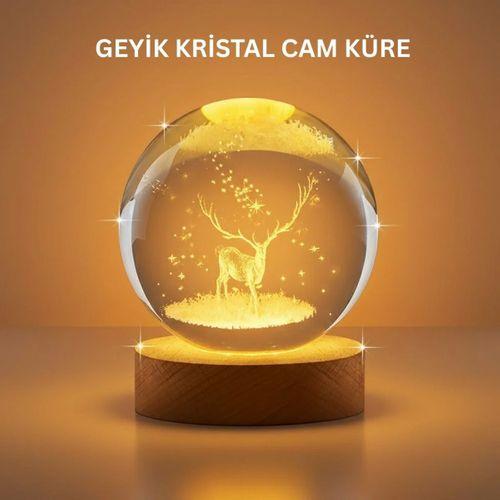 3d Geyik Desenli Kristal Küre Usb Işıklı Ahşap Tabanlı Oda Lambası