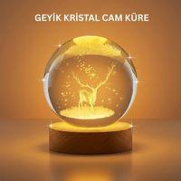 3d Geyik Desenli Kristal Küre Usb Işıklı Ahşap Tabanlı Oda Lambası