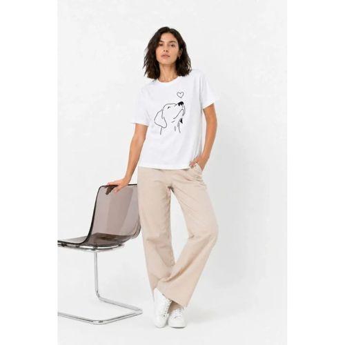 Köpek Figürlü Minimal Baskılı Tişört Kısa Kol Yazlık T-Shirt - Beyaz