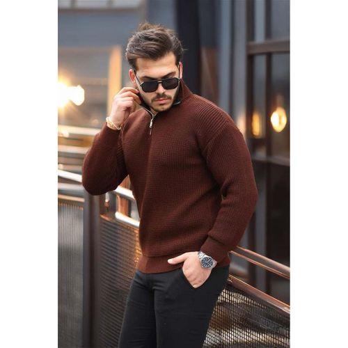 Oversize Selanik Örgü Yarım Fermuar Erkek Triko Kazak - Kahve