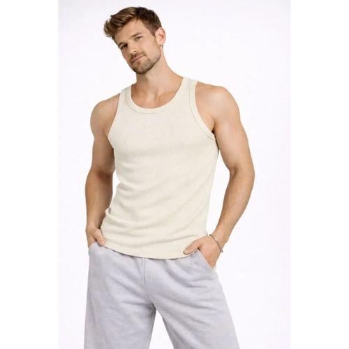 Erkek Fitilli Atlet Sıfır Yaka Slim Fit Arka Baskılı Spor Atlet - Krem