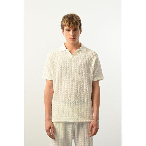 Premium Gölge Dokulu Polo Yaka Erkek T-Shirt - Ekru