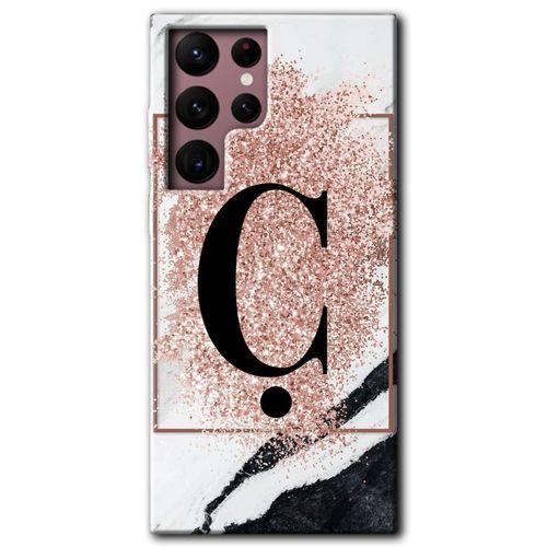 Potkal Hediye Fabrikası Samsung Galaxy S22 Ultra HD Baskılı Kılıf + 9D Tam Ekran Koruyucu - Pembe Mermer Desenli Ç Harfi
