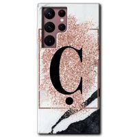 Potkal Hediye Fabrikası Samsung Galaxy S22 Ultra HD Baskılı Kılıf + 9D Tam Ekran Koruyucu - Pembe Mermer Desenli Ç Harfi