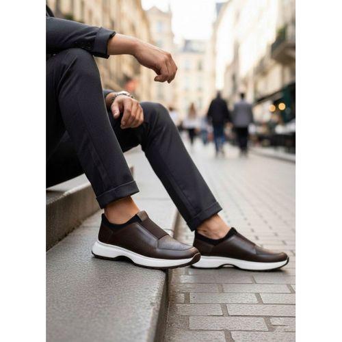 BA0244 İçi Dışı Hakiki Deri Bantlı Rahat Taban Casual Kahverengi Erkek Ayakkabı