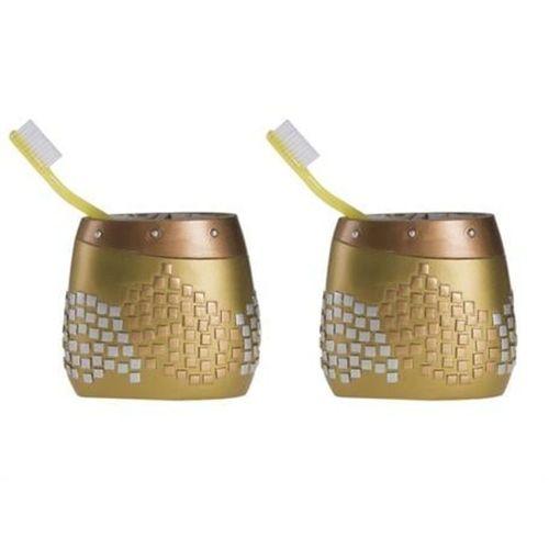 2 Adet Diş Fırçalık Altın Mozaik Poliresin 10X10X5Cm Banyo Seti