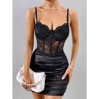 Kadın Siyah Zarif Kolsuz Elbise Seksi Dantelli Çiçek Desenli Fantezi Elbise 5149