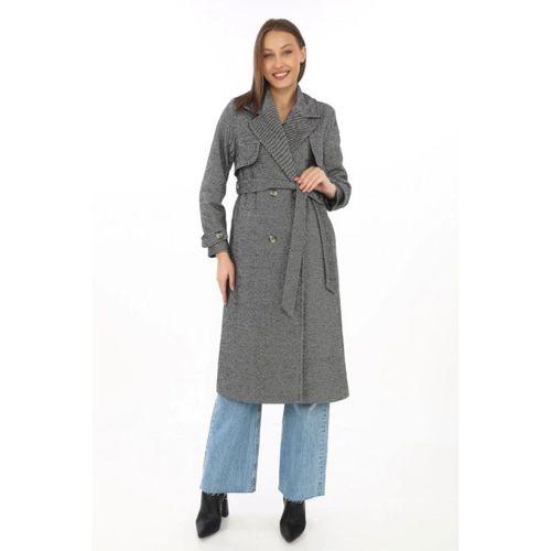 Uzun Kaşe Kaban – Balık Sırtı Dokuma Kaşmir Kumaş, Kruvaze Yaka, Kuşaklı Cepli Model, Oversize Rahat Kalıp - Boyalı Gri