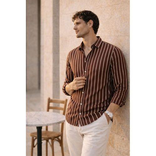 Scorsese Çizgili Relaxed Fit Erkek Gömlek - Kahve