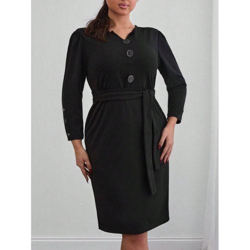 Kadın Uzun Kollu Düğme Detaylı Kendinden Kemerli Ithal Krep Elbise