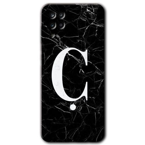 MRCİLETİSİM MRCİLETİSİM Samsung Galaxy M12 Kılıf HD Desen Baskılı Arka Kapak + Temperli Cam - Siyah Mermer Desenli Ç Harfi