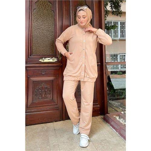 Çıtçıtlı Yandan Cepli İkili Sade Basic Eşofman Spor Takımı - 12009.026 - Bej