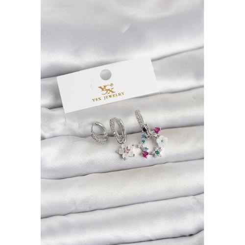 Pirinç Gümüş Renk Çiçek Model 3'lü Kadın Küpe