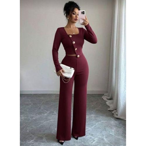 Kadın Uzun Kol Kare Yaka Asimetrik Düğme Detay Bluz Ve Yüksek Bel Pantolon Ikili Takım