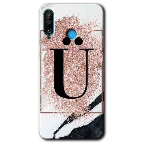 Huawei P30 Lite Kılıf Baskılı Kapak - Pembe Mermer Desenli Ü Harfi +Tam Kaplayan Mat Seramik