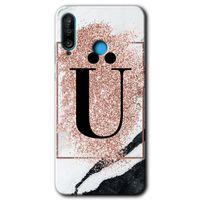 Huawei P30 Lite Kılıf Baskılı Kapak - Pembe Mermer Desenli Ü Harfi +Tam Kaplayan Mat Seramik