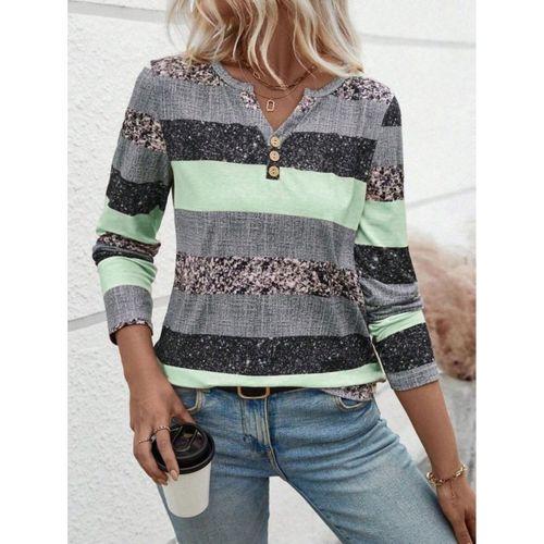 Kadın Uzun Kollu Yakadan Düğmeli çizgili Desenli Süprem Bluz