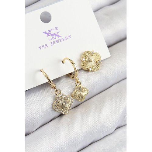 Pirinç Zirkon Taşlı 3'lü Yonca Model Gold Renk Kadın Küpe