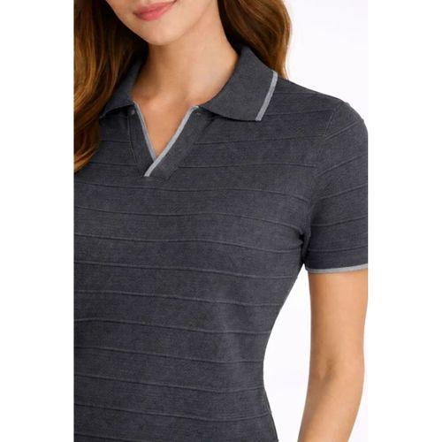 Triko Kumaş Yakalı Düğmesiz Açık Yaka Fitilli Kısa Kollu Regular Fit Tişört T-shirt - Siyah