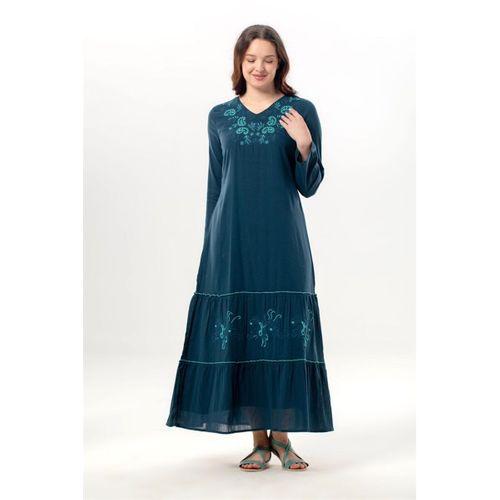 Uzun Kol Venedik Nakışlı Şile Bezi Otantik Uzun Elbise Petrol Ptrl