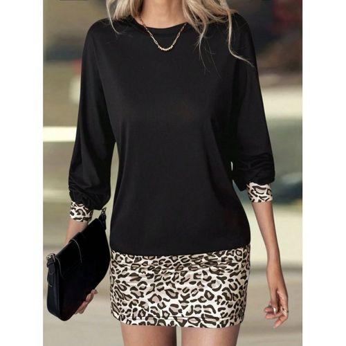 Kadın Uzun Kollu Bisiklet Yaka üst Viskon Iki Iplik Alt Leopar Desenli Mini Elbise