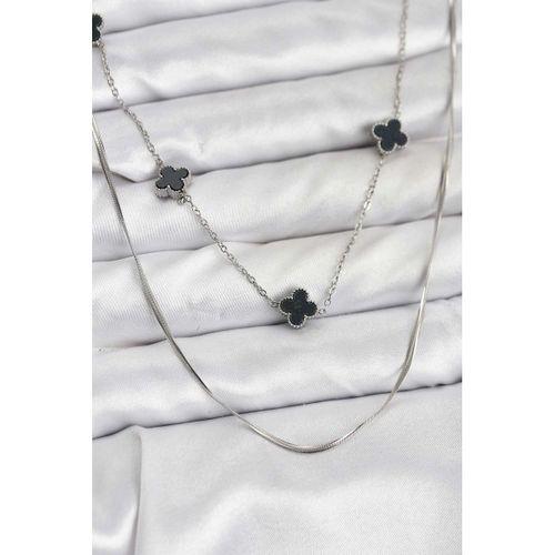 316L Çelik Zincir Gümüş Renk İtalyan Zincirli Siyah Yonca Model Kadın Kolye