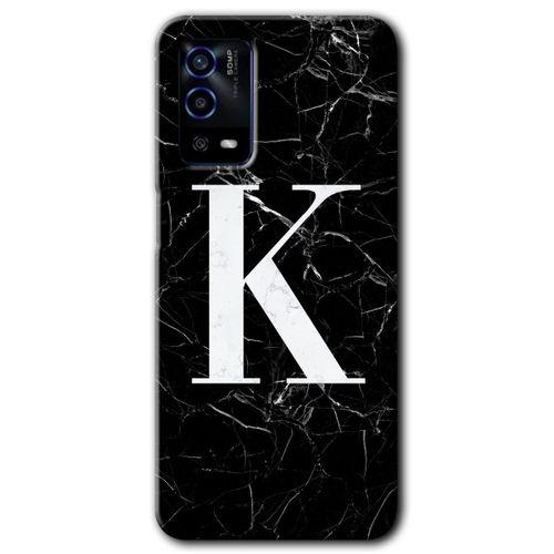 Oppo A55 Kılıf HD Desen Baskılı Arka Kapak + Temperli Cam - Siyah Mermer Desenli K Harfi