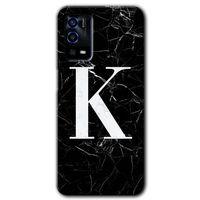 Oppo A55 Kılıf HD Desen Baskılı Arka Kapak + Temperli Cam - Siyah Mermer Desenli K Harfi