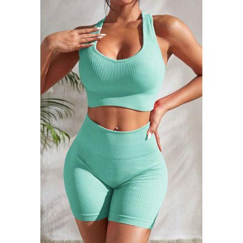 Kadın Açık Mavi Fit Görünümlü Yüksek Bel Spor Crop Top Şort Takımı