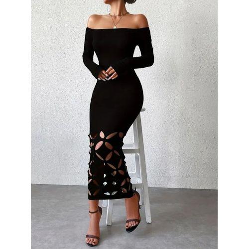 Kadın Madonna Yaka Uzun Kollu Lazer çiçek Kesim Detaylı Uzun Ithal Krep Elbise