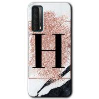 MRCİLETİSİM Huawei P Smart 2021 Kılıf HD Desen Baskılı Arka Kapak + Temperli Cam - Pembe Mermer Desenli H Harfi