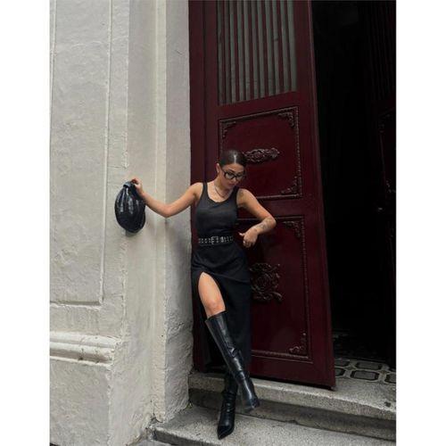 SÜET KALEM ETEK YIRTMAÇ DETAYLI - Siyah