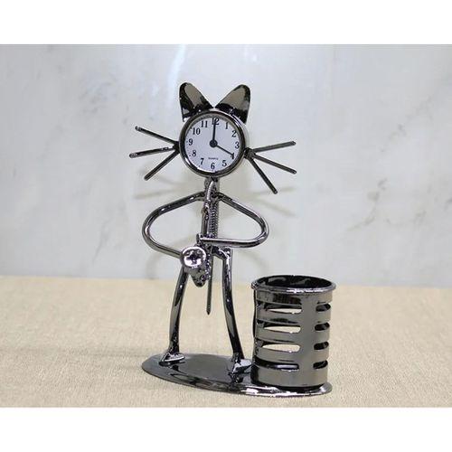 Metal Saksafon Çalan Müzisyen Kedi Saat Ve Kalemlik