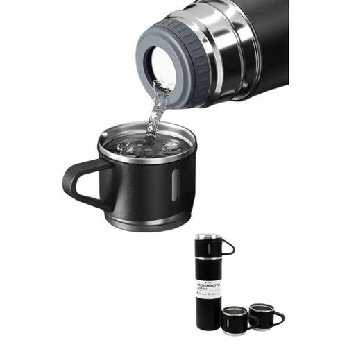 Termos Paslanmaz Çelik Termos Siyah Renk 3 Bardaklı Termos Seti