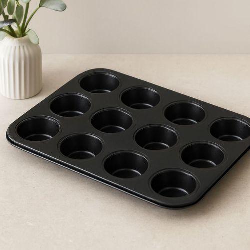 12 Gözlü Metal Muffin Kek Kalıbı - Siyah (Düz)