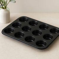 12 Gözlü Metal Muffin Kek Kalıbı - Siyah (Düz)