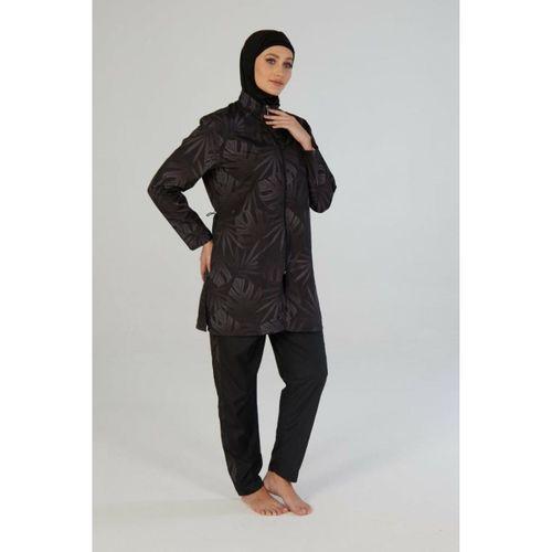 Estiva 26964 Siyah Tropical Tam Kapalı Taş Baskılı Pantolonlu Fermuarlı Tesettür Mayo