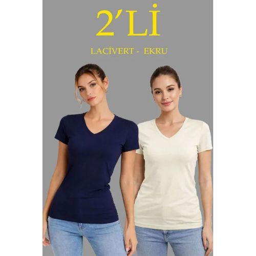 2li V Yaka Tişört – Kısa Kollu Yazlık Slim Fit Body - Lacivert - Ekru