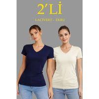 2li V Yaka Tişört – Kısa Kollu Yazlık Slim Fit Body - Lacivert - Ekru