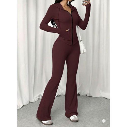 Kadın Uzun Kollu Kapşonlu Bağcıklı önü Fermuarlı Viskon Iki Iplik Bluz Ve Pantolon Ikili Takım