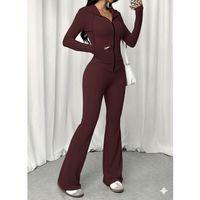 Kadın Uzun Kollu Kapşonlu Bağcıklı önü Fermuarlı Viskon Iki Iplik Bluz Ve Pantolon Ikili Takım