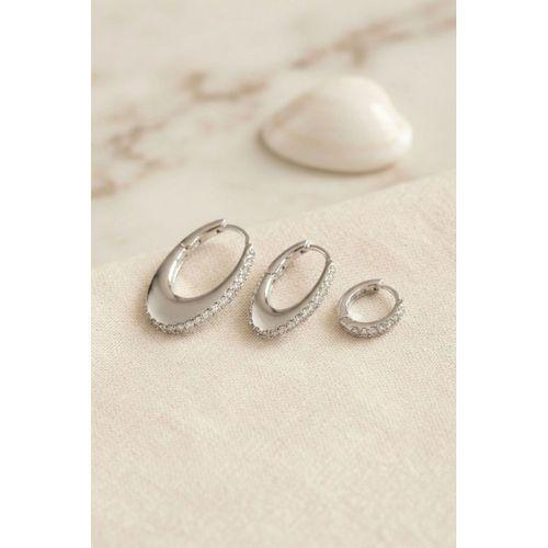 Gümüş Renk Oval Halka Model Zirkon Taşlı 3 lü Küpe Set