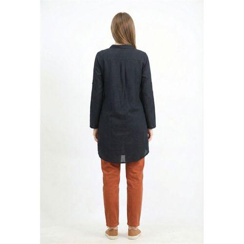 Uzun Kol Sevim Düğmeli Klasik Yaka Çift Cepli Şile Bezi Nakışlı Tunik Siyah Syh