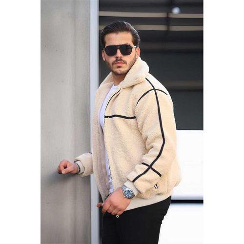 İçi Astarlı Şerit Detaylı Peluş Erkek Mont - Ekru