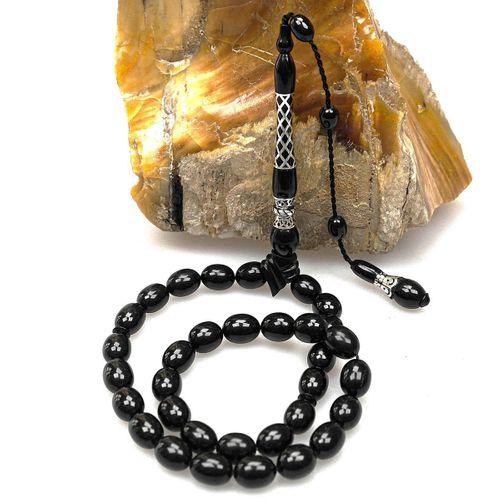 Oltu Taşı Kare Baklava Desenli  İmame Gümüş İşleme Sade Tespih