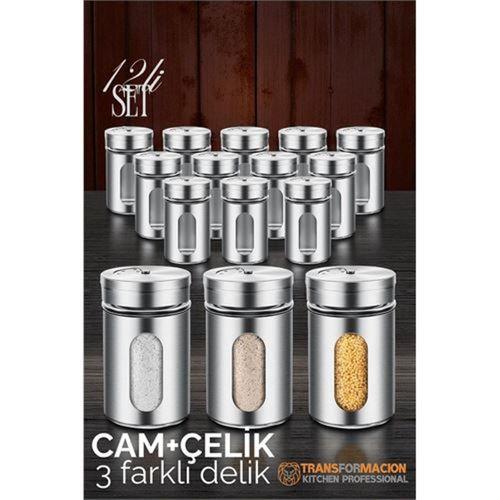 Modacar Cam+Çelik Tuzluk Biberlik Karabiberlik 3 Farklı Delikli 12 li SET