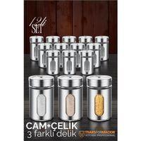 Modacar Cam+Çelik Tuzluk Biberlik Karabiberlik 3 Farklı Delikli 12 li SET