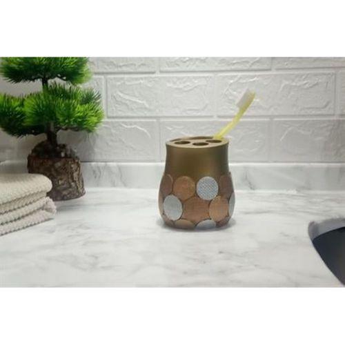 2 Adet Diş Fırçalık Altın Puanlı Poliresin 9X9X10Cm Banyo Seti